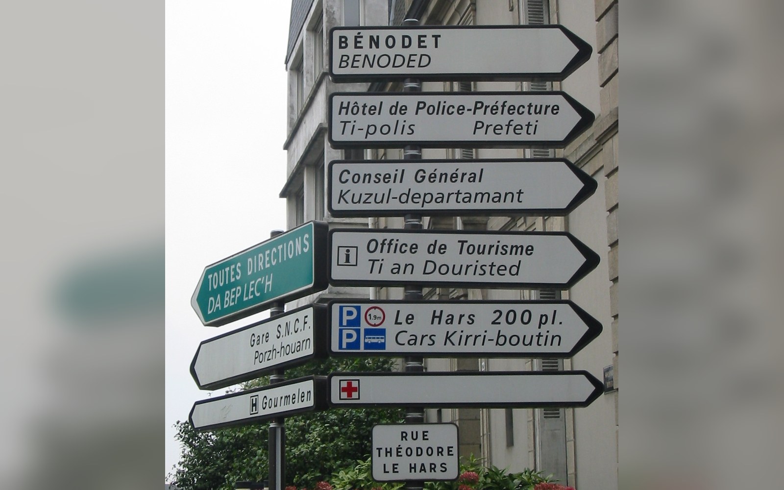 A bilingual road sign at a Breton junction with fields behind