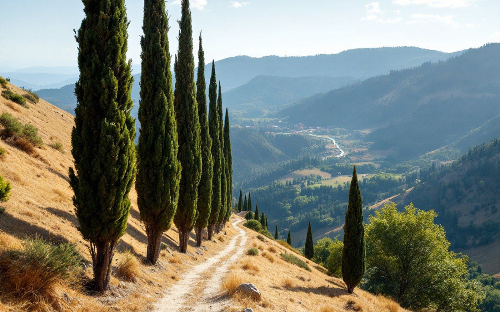 Cypresses bent along a dry ridge under hard light