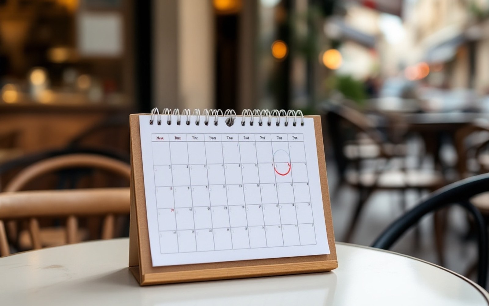 A wall calendar with dates circled beside a café table