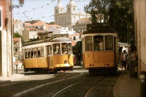 Trams meeting on the curb